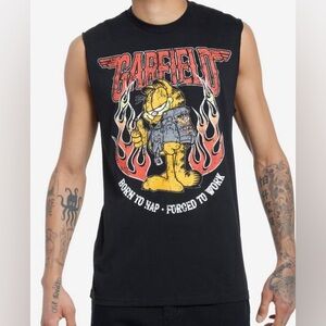 NWT Hot Topic Black Garfield Graphic Tank Born to Nap Forced to Work NEW Flames